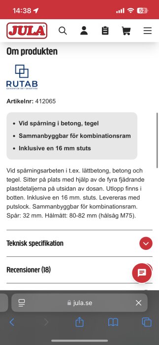 Produktbeskrivning av kopplingsdosan Rutab artikelnummer 412065 med specifikationer för betong och tegel.