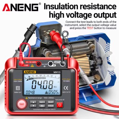 Bild av en ANENG isolationstestare med högspänningsutgång, använd för att mäta isolationsmotstånd.