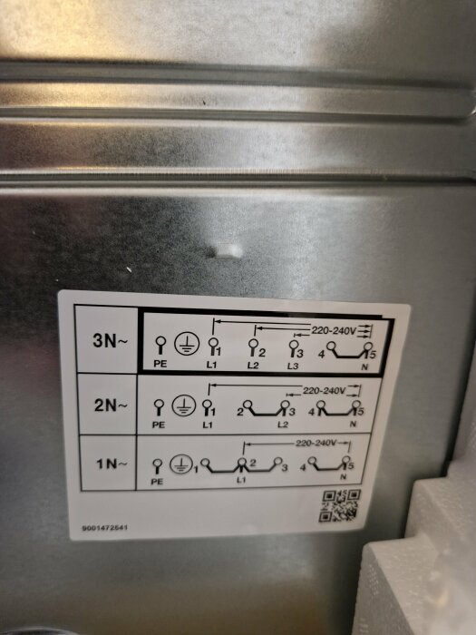 El-schema för spisens kopplingsalternativ, visar 3N~, 2N~, och 1N~ med symboler för PE, L1, L2, L3 och N, samt spänning 220-240V.