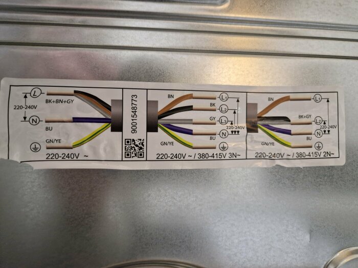 Diagram som visar kopplingsalternativ för en spis med 220-240V och 380-415V anslutningar, inklusive olika fas- och neutraltrådar.