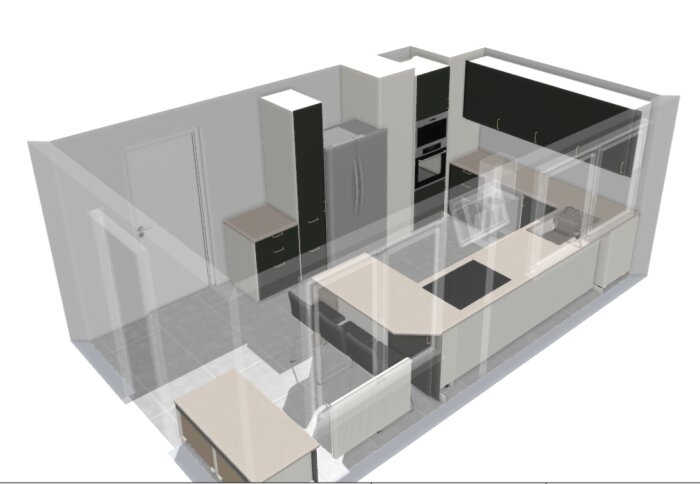 3D-modell av köksrenovering, visar skåp, köksö med sittplatser, spis och diskbänk, planerad planlösning med moderna material och vitvaror.