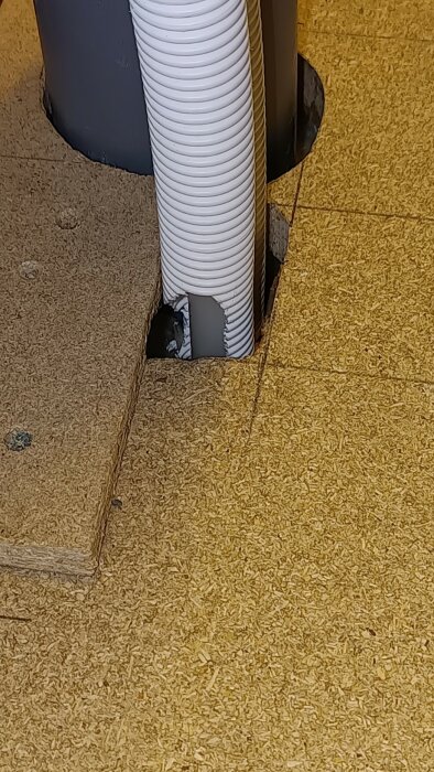 Hål i golvets träfiberplatta med synliga spår av gnagare vid ett synligt rör.