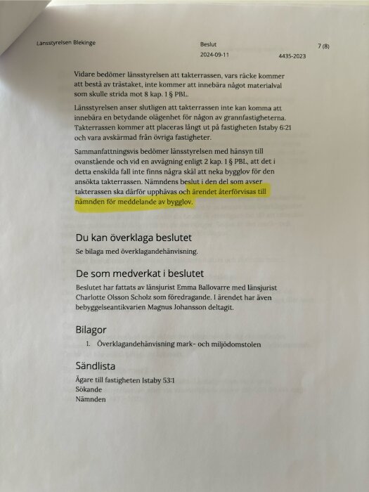 Sida av ett beslut från Länsstyrelsen Blekinge angående takterrass och bygglov, med stycke markerat i gult. Daterat 2024-09-11.