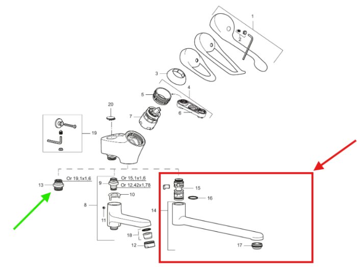 Exploderad vy av FM Mattsson duschblandare med markerade delar: grön pil visar del 13 och röd pil visar pip+nippel för byte.