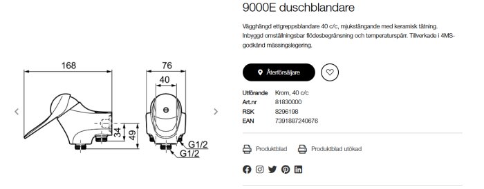 Diagram av FM Mattsson 9000E duschblandare med mått och tekniska specifikationer, inklusive information om kromutförande och artikelnummer.