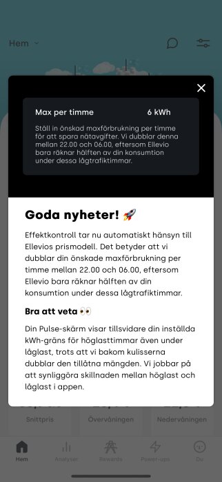 Popup-fönster i en app som beskriver maxförbrukning av elektricitet per timme och hur effektavgifter hanteras under olika tider på dygnet.