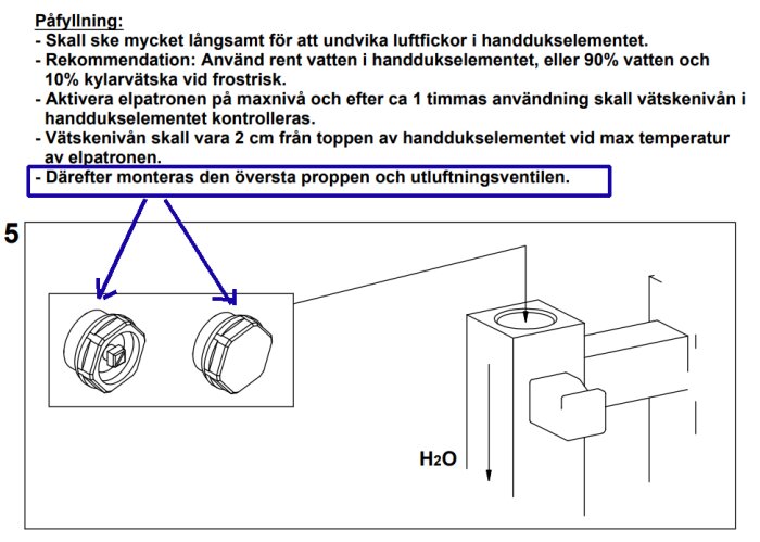 Instruktioner för påfyllning av handdukselement, inklusive illustration av propp och ventilmontering. Text beskriver försiktighetsåtgärder vid vattenfyllning.