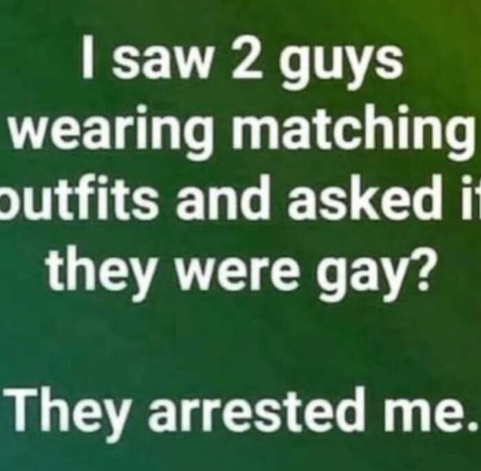 Text på en grön bakgrund som säger: "I saw 2 guys wearing matching outfits and asked if they were gay? They arrested me.