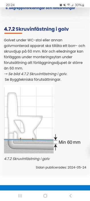 Illustration av skrufäste för WC-stol, visar minsta borrdjup 60 mm i golvet.