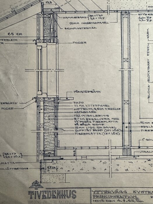 Ritning från ett Tivedenhus från 1960-talet, visar konstruktion och material för ytterväggar och bjälklag. Text och måttdetaljer är synliga.