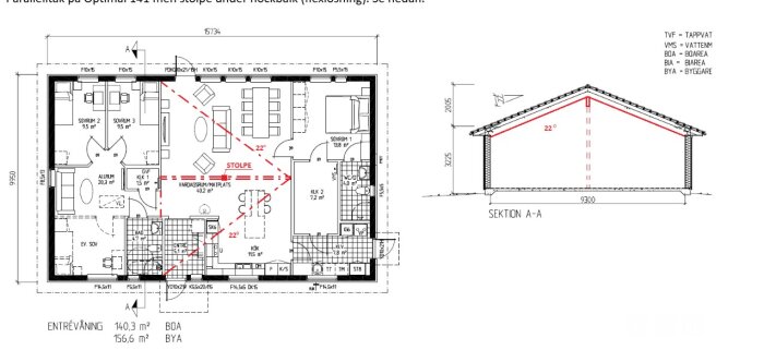 Byggplanlösning med parallelltak, 22 graders vinkel. Sektion A-A visar snitt med sträck i mitten. Rum som allrum, sovrum och kök markerade.
