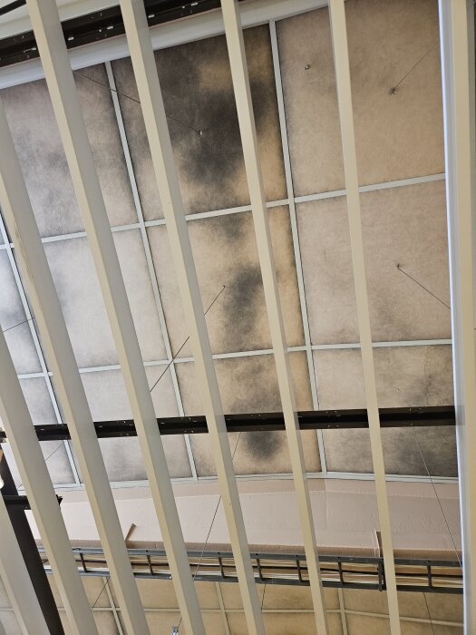 Innertak med mörka fläckar synliga mellan vita ribbor, potentiellt sot eller mögel enligt inläggets frågeställning.