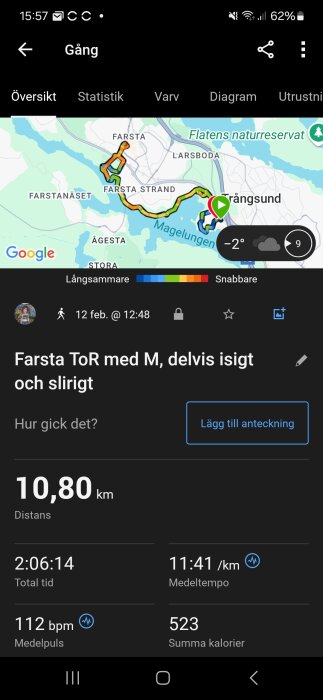 Karta och statistik från en promenad i Farsta, visar distans 10,80 km, total tid 2:06:14, tempo 11:41 min/km, -2°C, delvis isigt och slirigt.