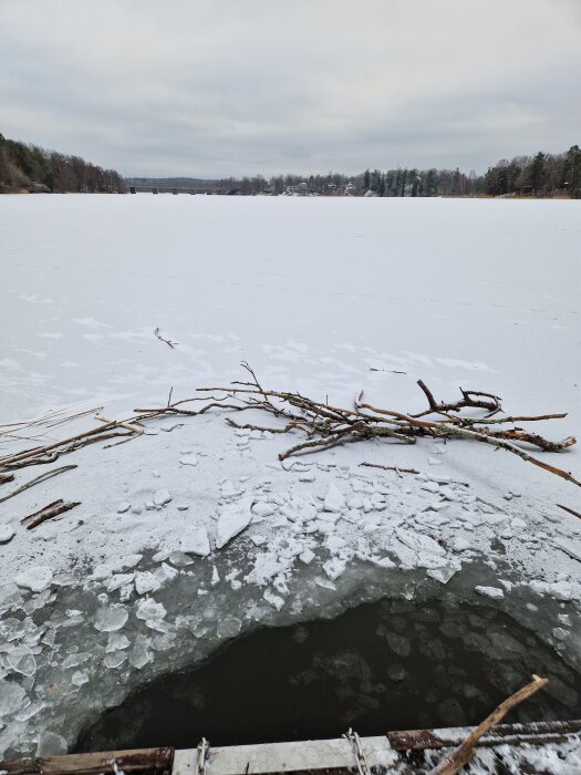 Frusen sjö med snötäckt is, delvis öppet vatten nära kanten, grenar och en brygga i förgrunden, skog och hus synliga i bakgrunden.