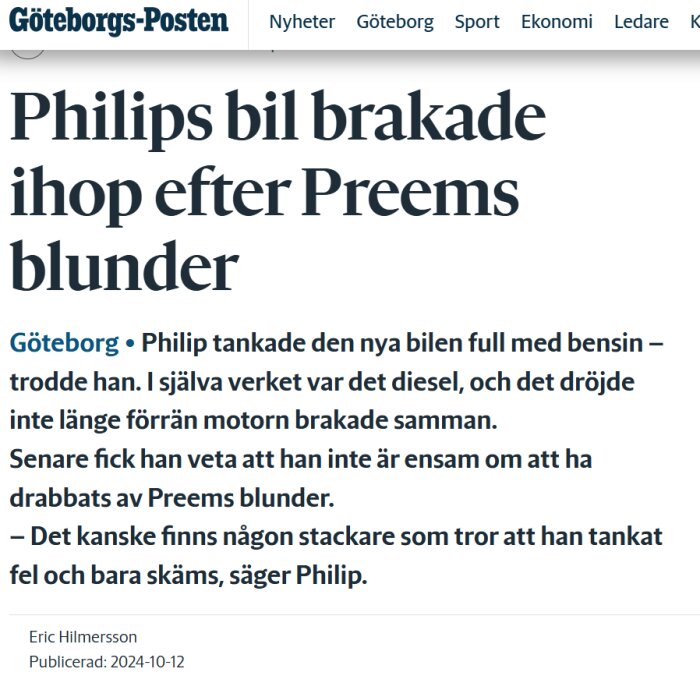 Artikelrubrik från Göteborgs-Posten om en bil som skadades efter att ha tankats med fel bränsle vid en Preem-station.