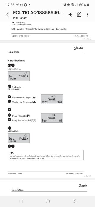 Manual instruktion för ECL110 inklusive inställningar för ventilmotor och pump med varning om underhållsändamål.