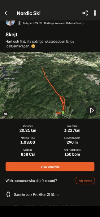 3D-karta med ruttmarkerad skidtur i Borlänge, 20,21 km, 3:22/km, 1:08:00, 290 m stigning, 838 kcal, 150 bpm, inspelad med Garmin epix Pro (Gen 2).