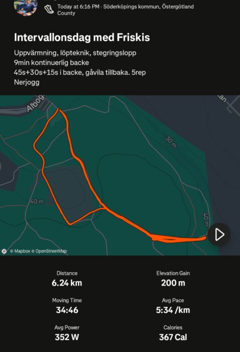 Karta över löpintervaller i Söderköping med väg markerad i orange. Distans: 6,24 km, tid: 34:46, höjdökning: 200 m, hastighet: 5:34/km, kalorier: 367.