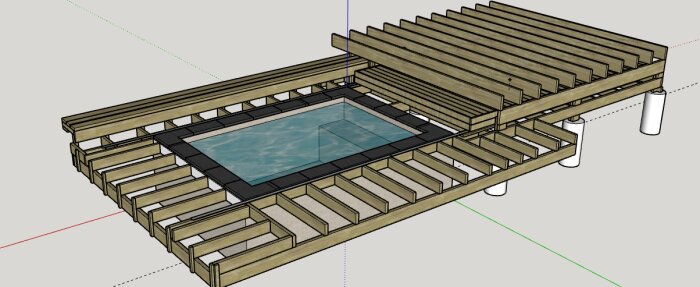 Konstruktion av pooldäck med synligt bjälklag och nio plintar, visar pooltakets viloläge utan trall ovanpå.