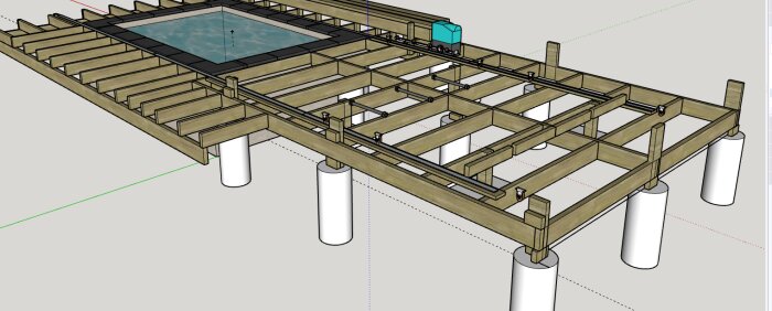 3D-modell av ett bjälklag för pooldäck, med nio plintar och spår för pooltaket. Däckets konstruktion utan trall syns ovanifrån.