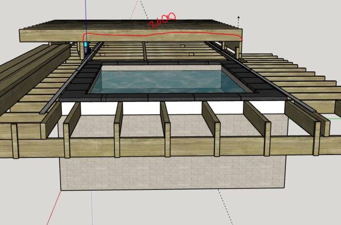 3D-ritning av en träkonstruktion för pool med tak, visar spännvidd på cirka 2600-2700 mm utan central bärlina och dimensioner 45x220 mm.