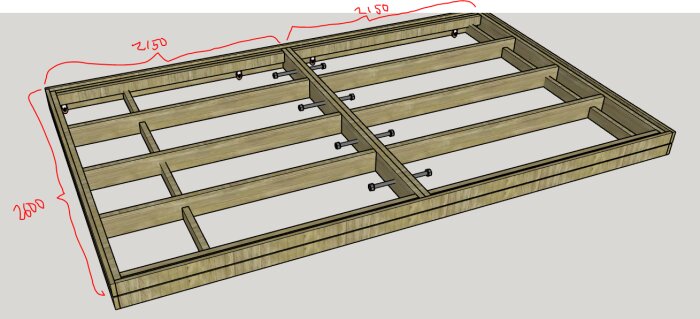 Tvådelad träram för pooltak med fastsättningselement, måtten 2150x2000 mm markerade i rött. Ram för att bära plåt eller plast.