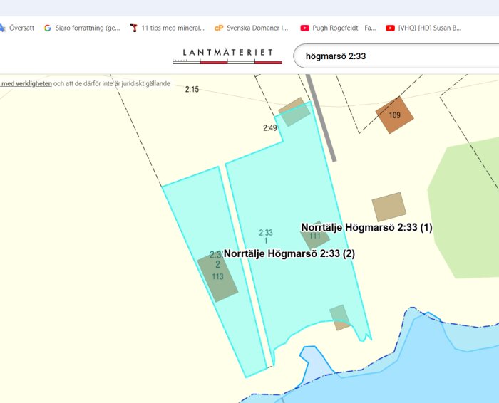 Karta över Norrtälje Högmarsö 2:33 med fastighetsgränser markerade. Fastigheterna 2:33(1), 2:33(2) och 2:15 visas med stigar och gränser.