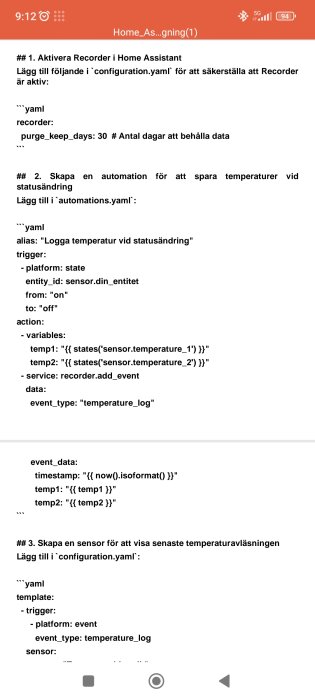 Bild av en skärmdump som visar instruktioner för att aktivera Home Assistant Recorder och skapa automation för temperaturloggen.