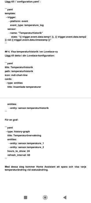 Konfigurationskod för att lägga till temperatursensorer i Home Assistants YAML-fil för visning i Lovelace-vyn.