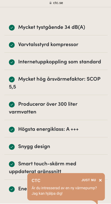 Checklista som beskriver en värmepumps egenskaper som SCOP 5,5, varvtalsstyrd kompressor, energiklass A+++ och tyst ljudnivå 34 dB(A).