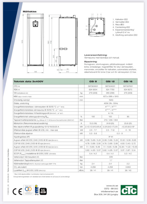 Produktblad för CTC GSI värmepump med tekniska data och måttskiss, visar specifikationer inklusive vattenvolym på 1,7 liter.