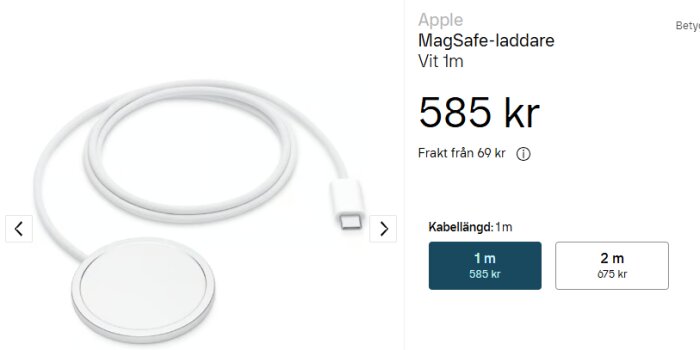 Apple MagSafe-laddare i vitt med 1 meters kabel, pris 585 kr.