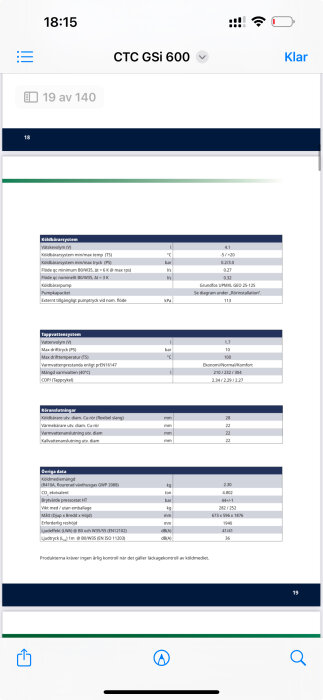 Skärmdump av specifikationssida från CTC GSi 600 manual, med tabeller över tekniska data för köldbärare och tappvattensystem.