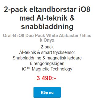 Reklam för eltandborstar iO8 med AI-teknik, smart trycksensor och snabb laddning. 2-pack för 3 490 kronor.