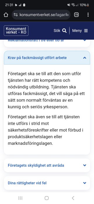 Skärmdump från Konsumentverkets webbplats om krav på fackmässigt utfört arbete enligt lagar och regler för företagstjänster.