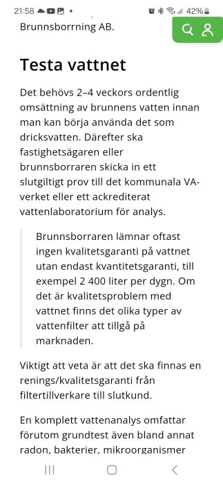 Text om vattenanalys och brunnsprovtagning från artikel i Vi i Villa.