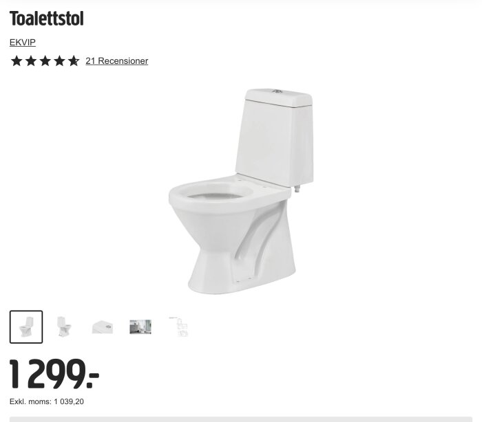 Vit toalettstol med spolcistern, pris 1299 kr, märket Ekvip, visas framifrån med fokus på design och funktionalitet.