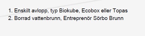 Text från situationsplan med märket för avloppstyper och borrad vattenbrunn, nämner Biokube, Ecobox, Topas och Sörbo Brunn.