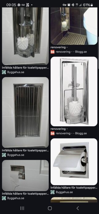 Inbyggd toalettborsthållare av metall med borste och glasbehållare, monterad i väggen.