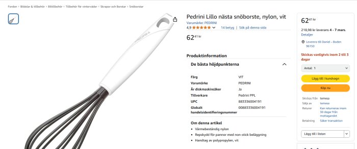 Vit Pedrini nylon snöborste med svart borst och ett repformat handtag, en biltillbehörsprodukt för vinterväder.