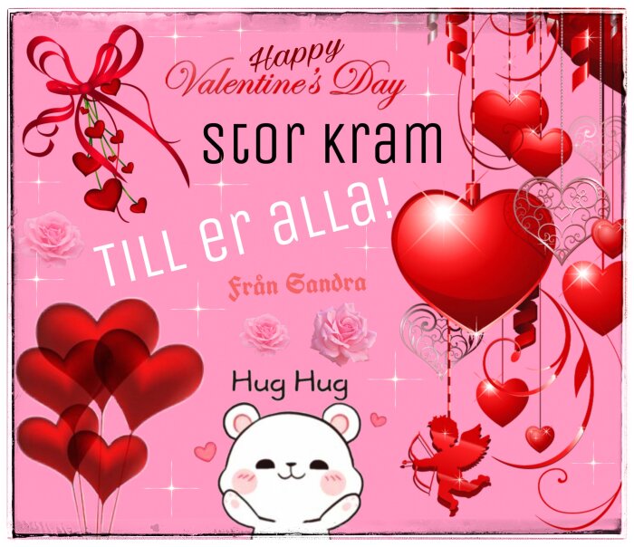Glad Alla Hjärtans Dag-kort med text och illustrationer av hjärtballonger, en nalle, rosa bakgrund och en ängel.