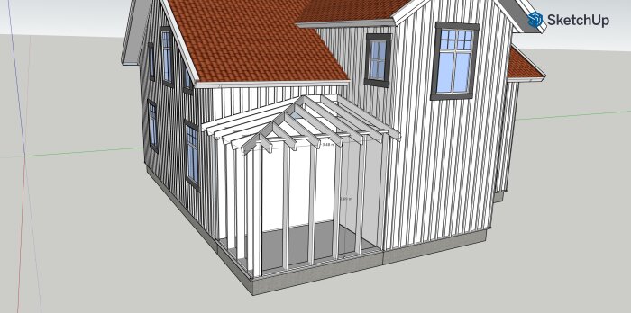 Husmodell med utbyggnad och takkonstruktion i SketchUp, visande valmat tak och dimensioner.