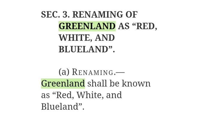 Förslag om att byta namn på Grönland till "Red, White, and Blueland" visas i textstil.