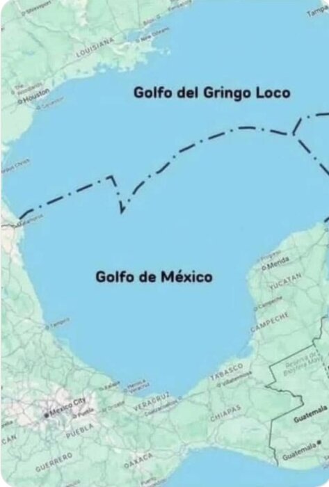 Karta över Mexikanska golfen, humoristiskt kallad "Golfo del Gringo Loco" med skämtsamt streckad gräns i vattnet.