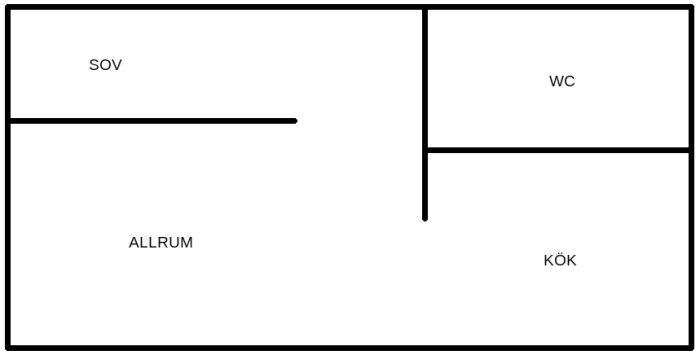 Planritning av en stuga från 50-talet med markerade rum: sovalkov, allrum, kök och WC.