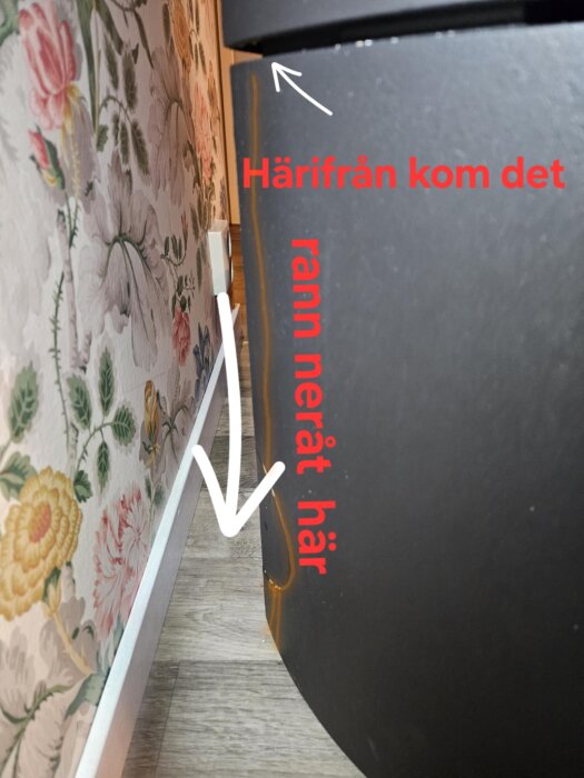 Kaminrör med pilar och text som visar vattenläckage uppifrån, med blommig väggtapet i bakgrunden.