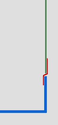 Illustration av en övergång mellan vägg och golv med färgade linjer som visar en konstruktion för att förhindra vattenläckage bakom golvmattan.