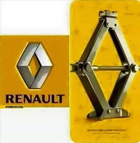 Renault-logotyp bredvid en bild av en domkraft formad som logotypen på en gul bakgrund.