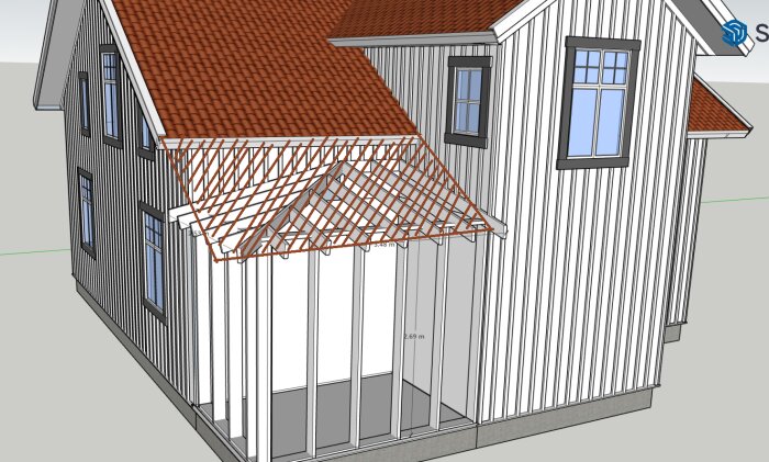 3D-modell av hus med tillbyggd veranda och förlängt tak, för visualisering av husprojekt.