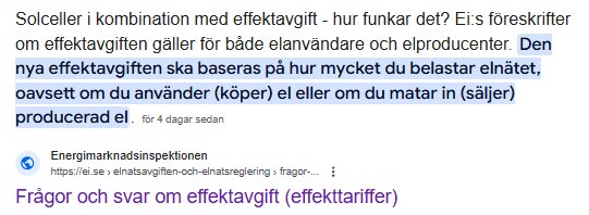 Sökmotorresultat som visar text om solceller och effektavgift, med del av texten markerad och en länk från Energimarknadsinspektionen.